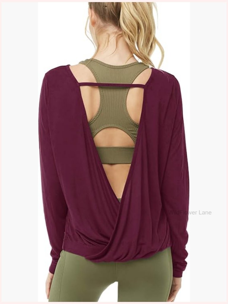 Long Sleeve Open Back Workout Shirts Yoga Tops Thumb Hole